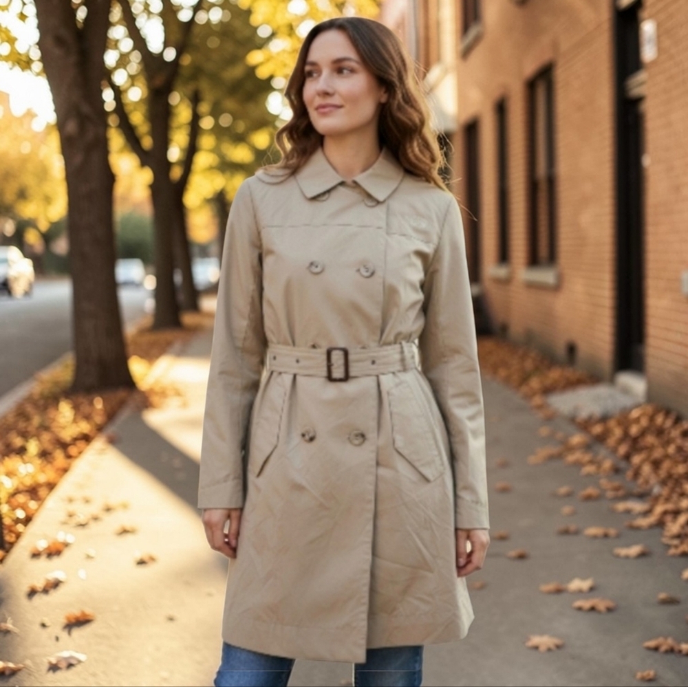 The North Face Women's Tan Cream Trench Coat With Belt Size Small Double Breaste